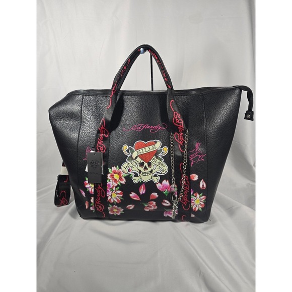 Ed Hardy Handbags - Y2k Ed Hardy Skull Black Floral Tote‎ Bag Floral Skull Tattoo nwt Luggage